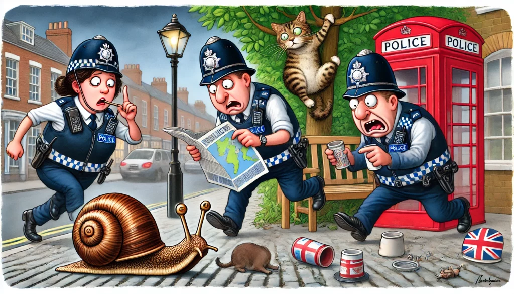 A humorous cartoon-style illustration of a group of UK police officers appearing utterly useless. One officer is chasing a snail with a baton, another