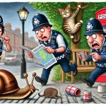 A humorous cartoon-style illustration of a group of UK police officers appearing utterly useless. One officer is chasing a snail with a baton, another