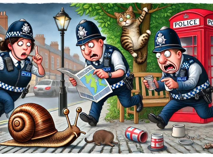 A humorous cartoon-style illustration of a group of UK police officers appearing utterly useless. One officer is chasing a snail with a baton, another