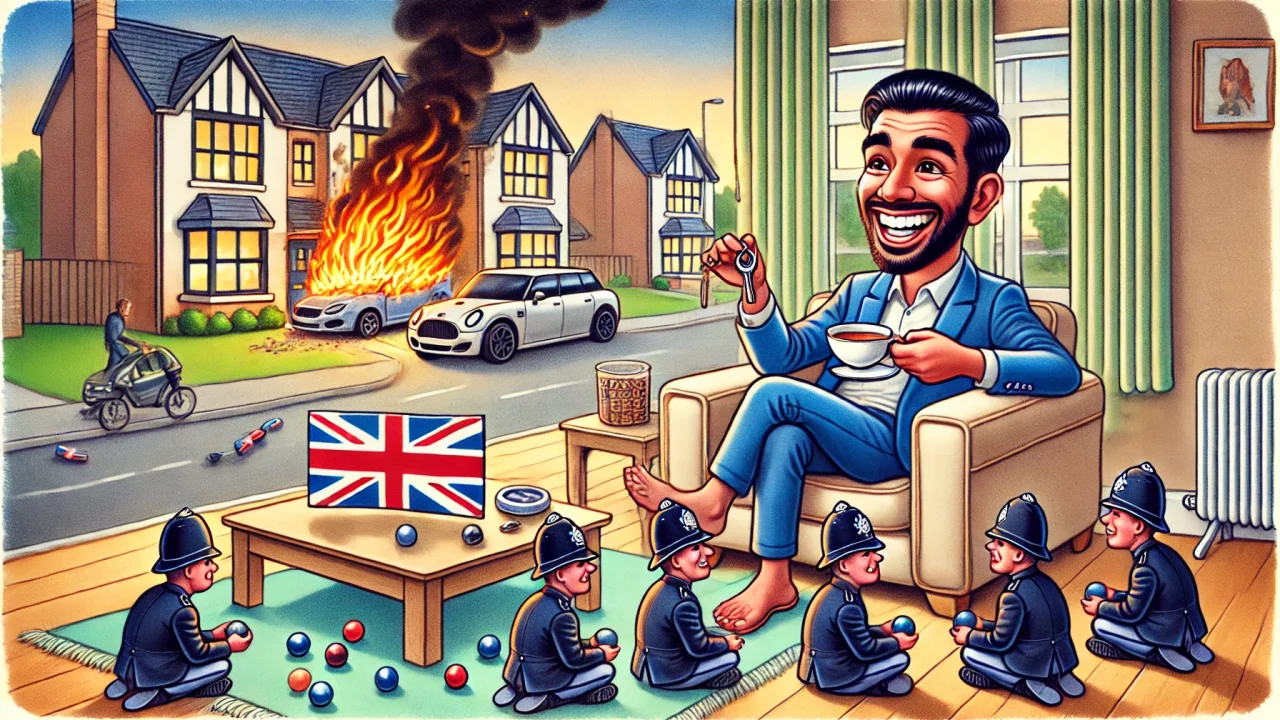 A satirical, cartoon-style illustration of a scenario_ A man named Abdul is comfortably settled in a luxurious new home with modern furniture, smiling