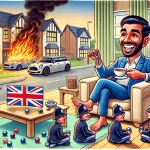 A satirical, cartoon-style illustration of a scenario_ A man named Abdul is comfortably settled in a luxurious new home with modern furniture, smiling