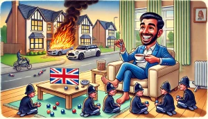 A satirical, cartoon-style illustration of a scenario_ A man named Abdul is comfortably settled in a luxurious new home with modern furniture, smiling