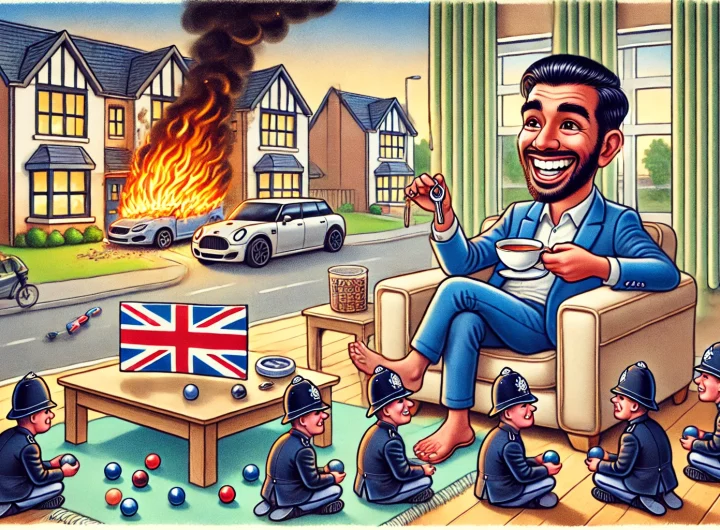 A satirical, cartoon-style illustration of a scenario_ A man named Abdul is comfortably settled in a luxurious new home with modern furniture, smiling